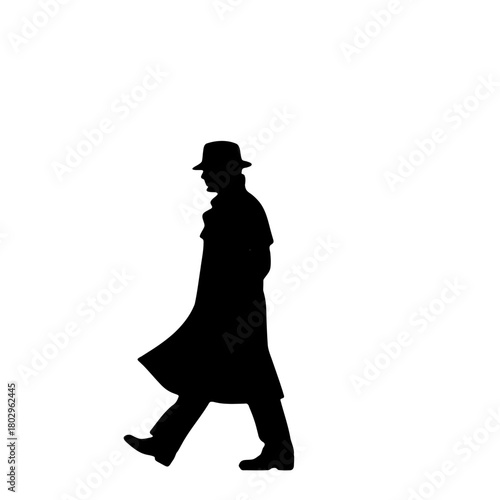 A silhouette of a man in a hat and trench coat walking against a plain white background in a side view