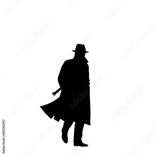Silhouette of a man in a trench coat and hat walking with a cane on a white background in a simple style