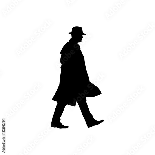 Silhouette of a man walking wearing a hat and a long coat on a white background in a simple style