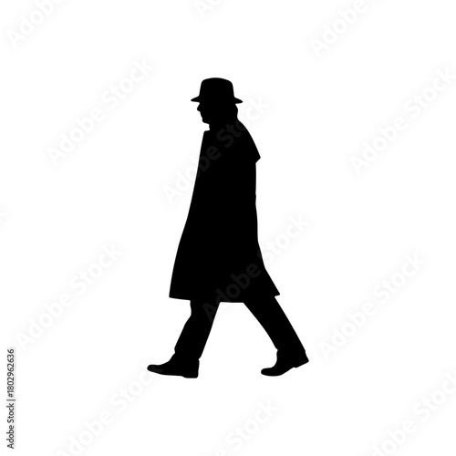 A silhouette of a man wearing a hat and coat walking against a white background in a full shot view