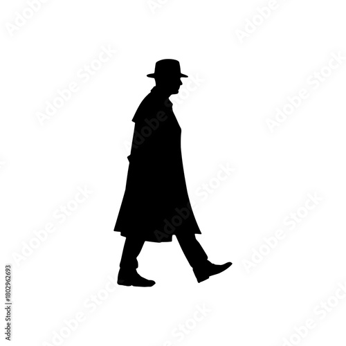 Silhouette of a man in a hat and coat walking against a white background in a side profile view
