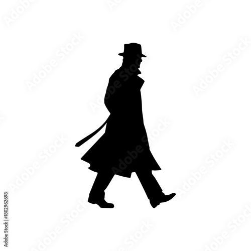 A silhouette of a man walking wearing a hat and trench coat against a white background in black and white