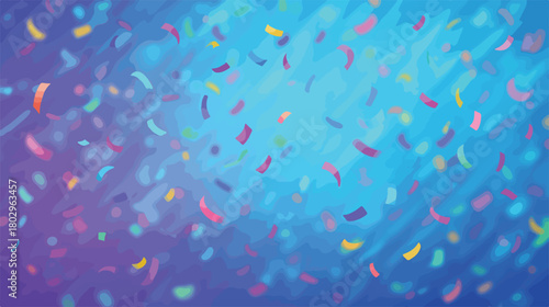 밝고 경쾌한 다채로운 색종이 조각들이 푸른색과 보라색 그라데이션 배경 위로 역동적으로 흩날리며 즐거운 축하와 파티 분위기를 생생하게 표현하는 추상적인 벡터 그래픽입니다.
