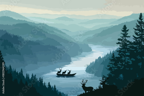 새벽 안개 낀 웅장한 산맥과 고요한 강물 위를 사슴들이 탄 보트가 조용히 나아가는 평화로운 자연 풍경을 담은 아름다운 벡터 일러스트레이션.
