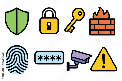 A set of diverse security icons including a shield padlock key fingerprint password camera and warning sign.