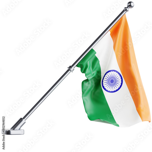 Waving Indian National Flag on a Pole Against a White Background - A Symbol of Patriotism and National Pride