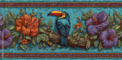생생한 색감의 히비스커스 꽃과 푸른 깃털의 큰부리새가 열대 나뭇가지에 앉아있는 모습을 담은 아름다운 벡터 일러스트레이션 테두리로, 이국적인 여름 휴가 분위기를 연출하는 장식용 배경 디자인입니다.