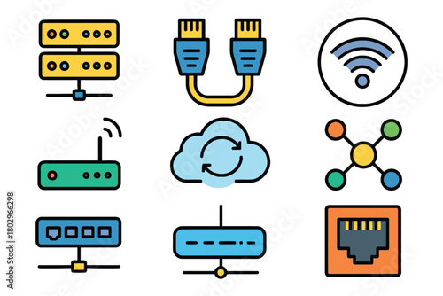 A vibrant set of icons illustrating various networking components and concepts, including servers, cables, Wi-Fi, and cloud computing.