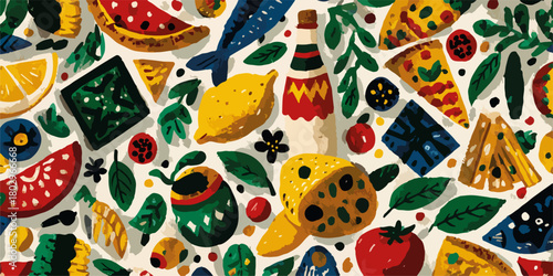 다채롭고 귀여운 음식 일러스트 패턴, 피자, 치즈, 과일, 채소, 소스, 생선 등 다양한 재료