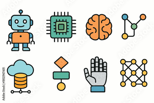 A vibrant collection of flat design icons illustrating artificial intelligence, robotics, data, and neural networks.