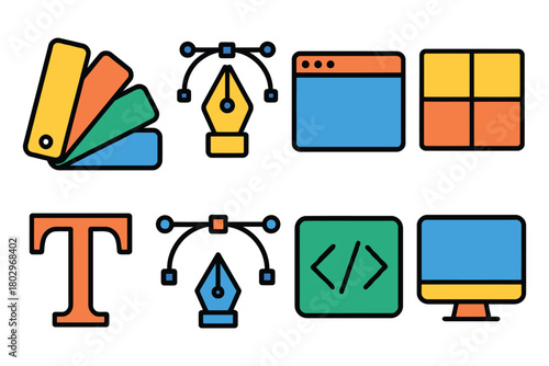 A set of colorful, flat design icons symbolizing graphic design, typography, coding, and digital interface elements.