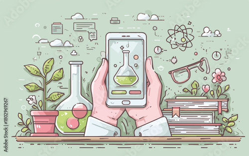 스마트폰으로 과학 실험을 하는 손, 현대적인 과학 교육 및 연구의 개념을 보여주는 벡터 일러스트