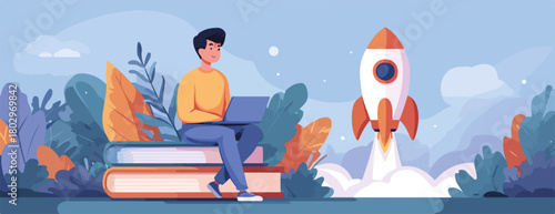 지식과 기술을 활용하여 개인의 성장과 비즈니스 혁신을 이루는 과정을 로켓 발사에 비유한 역동적인 일러스트레이션으로, 미래 지향적인 발전과 성공적인 목표 달성을 표현합니다.