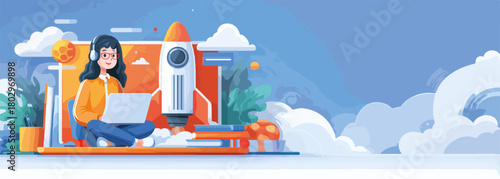젊은 여성이 헤드폰을 끼고 노트북으로 작업하며 로켓 발사를 준비하는 모습