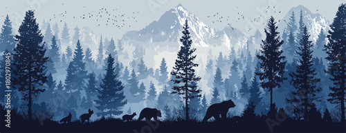 울창한 침엽수림 속에서 산봉우리와 야생 동물 무리가 평화롭게 공존하는 몽환적인 풍경.