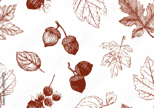 가을 잎과 도토리의 섬세한 손그림 패턴, 빈티지 스타일의 자연 일러스트