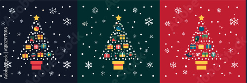 크리스마스 트리와 눈송이의 다채로운 벡터 일러스트레이션, 선물과 장식으로 꾸며진 모습
