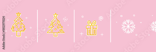 반짝이는 황금색 크리스마스 트리와 선물, 눈꽃이 흩날리는 핑크색 배경의 벡터 일러스트