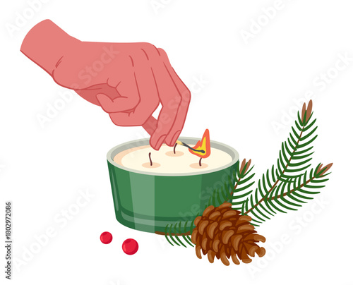 Christmas candle. Cartoon xmas aromatic candle, winter holidays aroma decorated candle with fir cone flat vector illustration. Xmas scented candle on white background