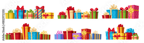 Christmas gift boxes. Wrapped xmas gifts, winter holidays surprises, Birthday party or Xmas gift boxes flat vector illustration set. Cartoon gift boxes on white