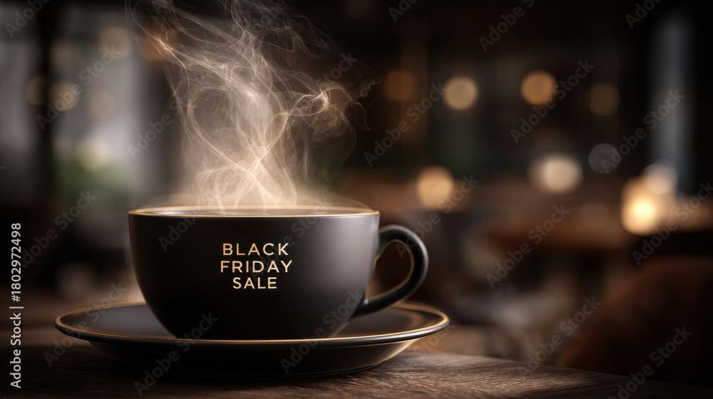 Fototapeta premium Enjoy warm coffee during Black Friday sale at a cozy cafe setting in the evening