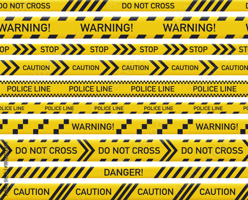 Crime scene yellow tapes. Caution yellow line, police danger lines and crime barriers flat vector illustration set. Police security area lines