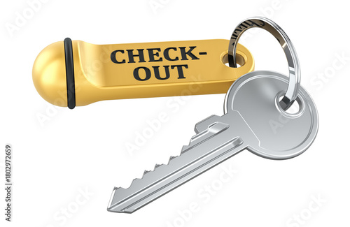 Check Out concept with key and tag. 3D rendering