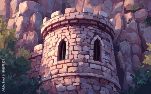 고대와 신비로움이 깃든 바위 절벽 사이, 따뜻한 빛이 감도는 중세 시대 성 탑의 평화로운 풍경을 담은 매력적인 벡터 일러스트레이션입니다.