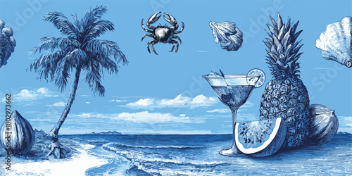 푸른 바다와 야자수, 게, 파인애플, 칵테일 등 열대 요소들이 조화롭게 어우러진 여름 휴가 풍경을 담은 아름다운 벡터 일러스트레이션입니다.