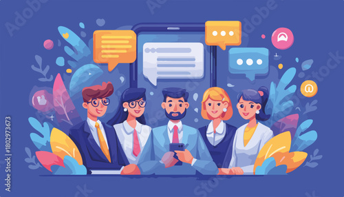 다양한 비즈니스 전문가들이 스마트폰을 통해 소셜 미디어로 소통하고 협력하는 현대적인 디지털 네트워크 개념 벡터 일러스트레이션.