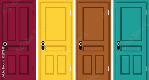 Vibrant collection of four colorful illustrated wooden panel doors in red yellow brown and teal.