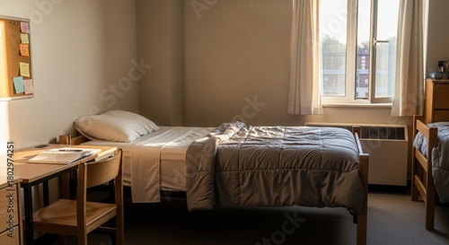 Simple college dorm room with bed, desk, and warm sunlight  