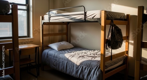 Bunk beds in cozy dorm room with warm sunlight streaming in  