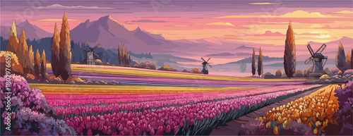 해질녘 노을 아래 보라색 라벤더와 다양한 색상의 꽃들이 만개한 드넓은 들판에 풍차와 산이 조화롭게 어우러진 평화로운 전원 풍경을 벡터 일러스트로 섬세하게 담아냈습니다.