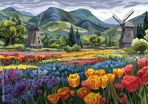 다채로운 튤립 꽃밭이 펼쳐진 언덕 위에 고풍스러운 풍차 두 채가 서 있는 평화로운 네덜란드 시골 풍경을 묘사한 벡터 일러스트레이션입니다.