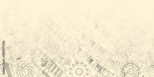 Mechanical engineering drawings on sepia background. Cutting tools, milling cutter. Technical Design. Cover. Blueprint. Horizontal seamless pattern. Vector illustration.