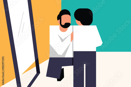 Stylized vector illustration of a person facing a mirror with a contrasting reflection. Abstract and emotional design ideal for themes of self reflection, identity, transformation, and introspection.