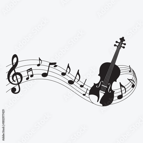 Black silhouette of a violin with musical notes and treble clef on a white background vector