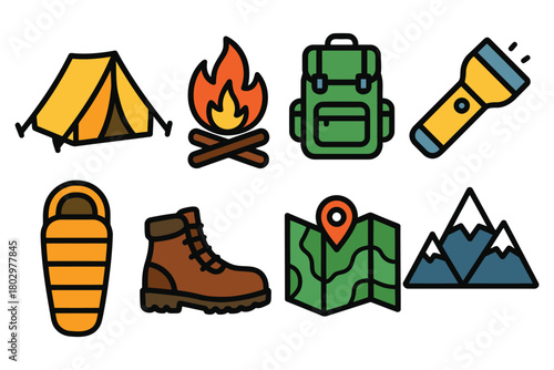 A vibrant collection of illustrated camping and hiking essentials, including a tent, campfire, backpack, flashlight, sleeping bag, boot, map, and mountains.