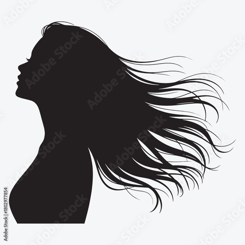 Black silhouette of a woman's profile with long flowing hair blowing in the wind female face