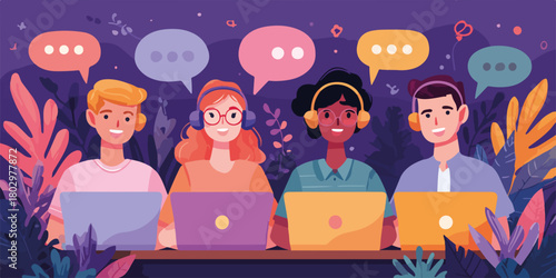 다양한 배경의 젊은이들이 노트북과 헤드셋을 착용하고 온라인 플랫폼을 통해 활발하게 소통하며 협력하는 모습을 묘사한 밝고 긍정적인 벡터 일러스트레이션으로, 디지털 시대의 팀워크와 유대감을 강조합니다.
