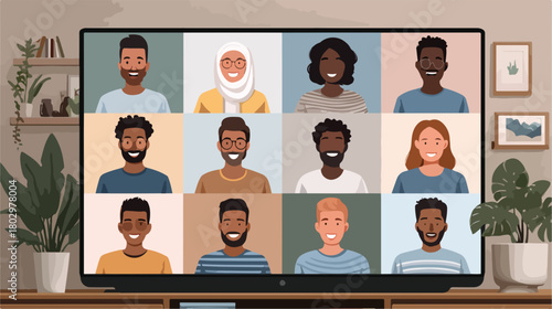 전 세계 다양한 사람들이 화상회의를 통해 서로 연결되어 활발하게 소통하며 협력하는 현대 디지털 시대의 모습을 벡터 그래픽으로 표현했습니다.