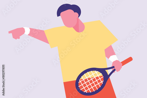 Cartoon vector of tennis player in yellow shirt and red shorts holding racket and pointing. Flat design style ideal for sports, fitness, and active lifestyle-themed illustrations.