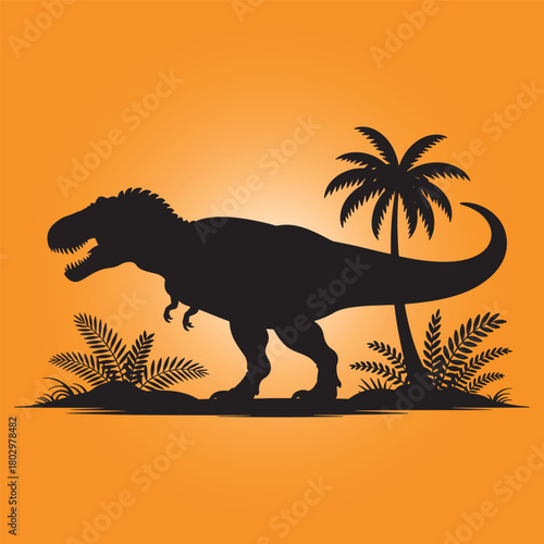 Black Tyrannosaurus Rex silhouette with palm trees and ferns on orange gradient background dinosaur t-rex