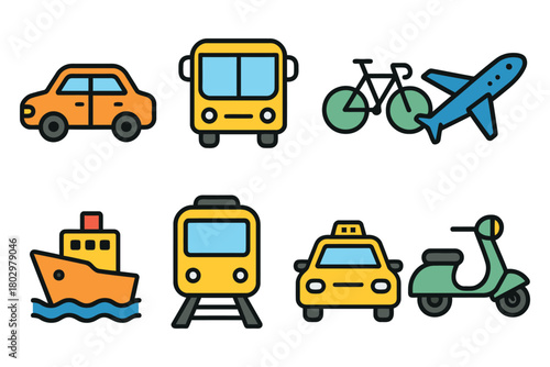 A vibrant collection of hand-drawn vehicles including cars, a bus, airplane, boat, train, bicycle, taxi, and scooter.