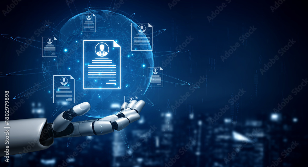 Obraz premium An AI assistant automates the global recruitment process by scanning candidate resumes. This smart human resources system selects the best profiles for the company's workforce. Fermion
