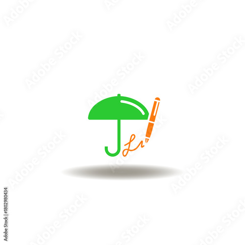 Vector illustration of umbrella with pen and signature. Symbol of insurance policy premium.