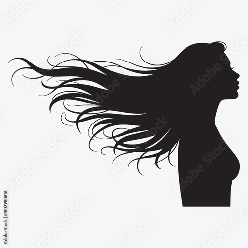 Silhouette of a woman with long flowing black hair blowing in the wind female profile