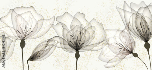 Art background with transparent black and white flowers in a watercolor style with glitter. A botanical floral banner for decor, prints, wallpaper, textiles, posters, interiors, and packaging.