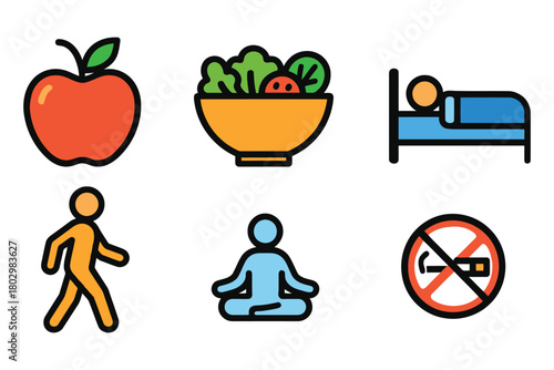 A collection of simple icons illustrating key elements of a healthy lifestyle including food exercise sleep meditation and prohibition.